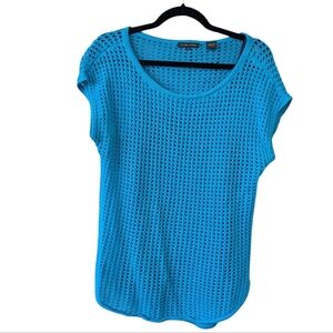 Blue sleeveless open crochet knit top medium
